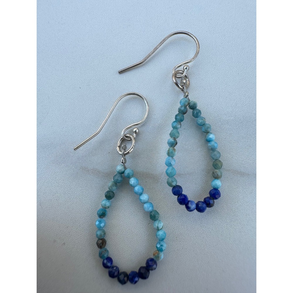 Blue Larimar‎ Lapis Lazuli Beaded Teardrop Hoop Earrings Sterling Silver 925